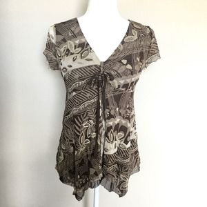 New York & Co Medium Brown Flutter Short Sleeve Top Peasant Blouse Open Front